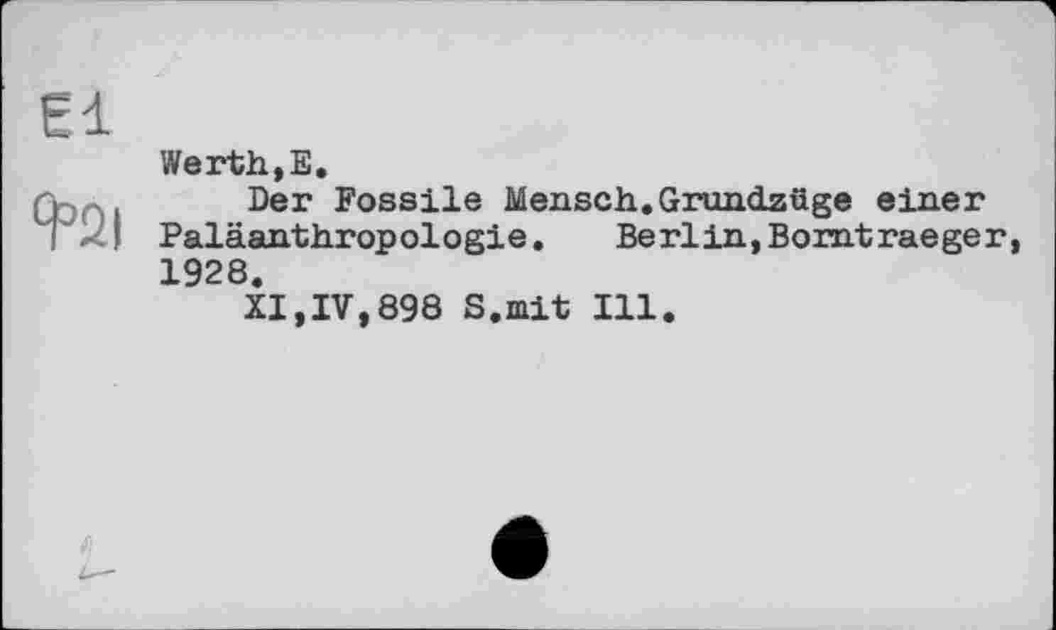 ﻿Єї
^21
Werth,Е.
Der Fossile Mensch. Grundzüge einer Paläanthropologie.	Berlin,Boratraeger,
1928.
XI,IV,898 S.mit Ill.